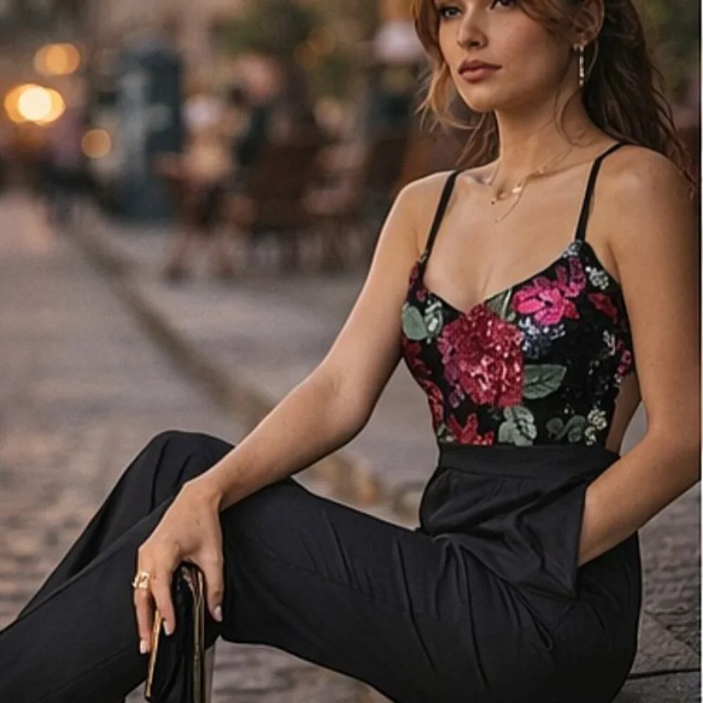 🌺 Mustard Seed Sequin Floral Cut-Out Back Tapered Pants Jumpsuit Evening Party - Picture 4 of 9